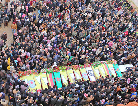Jan. 25 protest and funeral in Afrin for civilians and combatants killed by Turkish bombardment and ground attack on the Kurdish-controlled region in northwestern Syria.