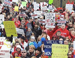Teachers protest government attacks March 12 at state Capitol in Frankfort, Kentucky.