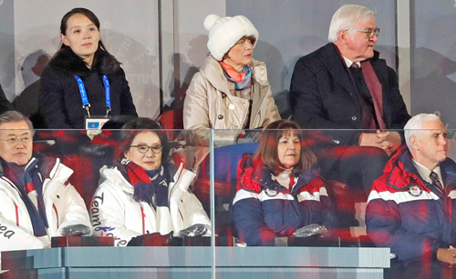 Despite sitting just feet apart, U.S. Vice President Mike Pence avoided all contact with North Korean delegation to the Winter Olympics in Pyeongchang. Top row from left, Kim Yo Jong, sister of North Korean leader Kim Jong Un; right, German President Frank-Walter Steinmeier. Bottom row left, South Korean President Moon Jae-in, far right, Pence.