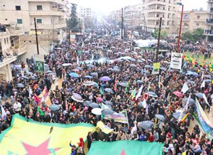 Rally in the city of Afrin Jan. 18 protests against Turkish army attacks on the Kurdish region.
