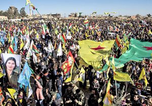 Thousands in Qamishli, Kurdish area of Syria, protest Jan. 30 against Turkish war on Afrin.