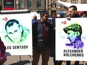 Rally in downtown Kiev, Ukraine, May 11, 2017, demands release of Oleg Sentsov and Alexander Kolchenko, framed up on fake terrorism charges for opposing Moscow’s 2014 seizure of Crimea. Sentsov, imprisoned in the gulag in Siberia, launched hunger strike May 14.