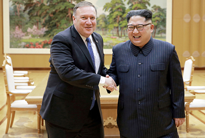 Secretary of State Mike Pompeo with North Korean leader Kim Jong Un in Pyongyang May 9. Talks were preparation for Kim meeting with President Donald Trump June 12 in Singapore.