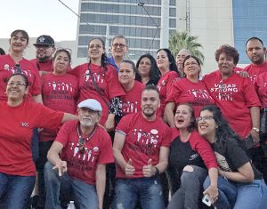 Workers at Palms Casino Resort in Las Vegas, celebrate union-organizing victory. At end of April, 84 percent of the 614 workers voted to be represented by UNITE HERE’s Culinary Workers Local 226 and Bartenders Union Local 165. Contracts at 34 hotels covering 50,000 workers expire in Las Vegas June 1 and workers are preparing for possible strike action.