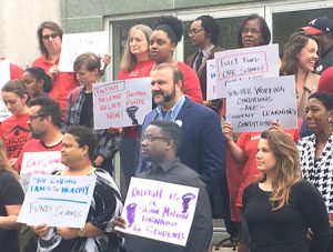 Teachers at April 26 news conference in Greensboro, North Carolina, announcing May 16 march and rally in Raleigh to demand better wages, work conditions and funds for schools.