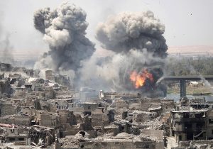 Airstrike of Mosul, Iraq, July 11, 2017, during U.S.-led coalition offensive. Pentagon admitted its forces caused at least 500 civilian deaths in Afghanistan, Iraq, Syria and Yemen that year.