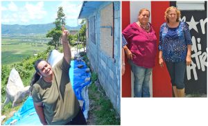 Left, Annette Aponte shows how containment wall broke behind her house in Yabucoa after storm. Above, Mildred Laboy, left, and Rosalina Abreu, leaders of Recreational and Educational Community Association of Mariana Neighborhood.
