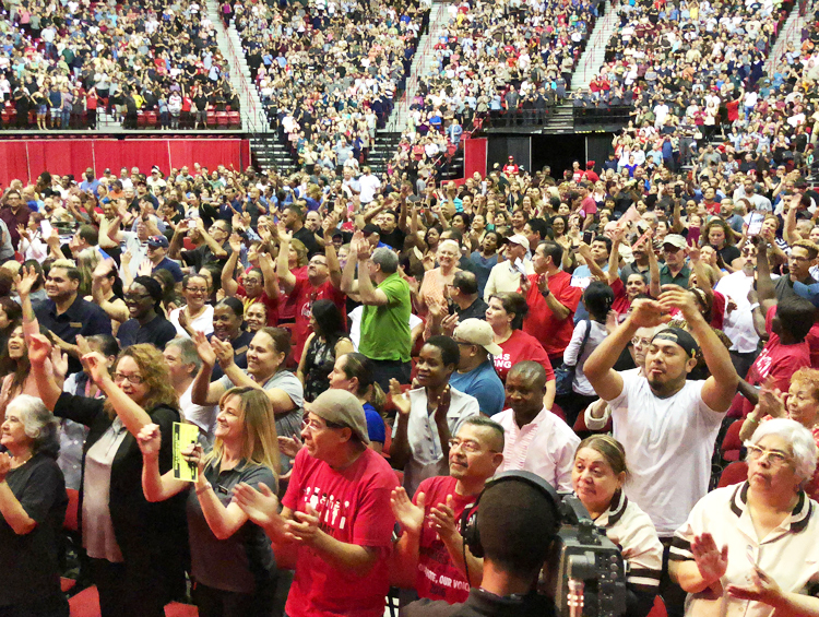 Members of Culinary and Bartenders unions gather May 22 at the Thomas and Mack Center at the University of Nevada, Las Vegas, vote overwhelmingly to authorize strike.