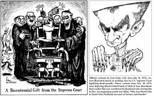 Militant cartoons by Ivan Licho. Left, from July 16, 1976, cartoon illustrated attack on working class by U.S. Supreme Court legalizing death penalty. Above, cartoon from Nov. 30, 1979, issue depicting blood-soaked hands of shah of Iran. Revolution there earlier that year overthrew his dictatorial rule, forcing him to flee. Accompanying article was titled, “Why Iran Wants Him to Stand Trial: Firsthand Account of Torture and Murder.”