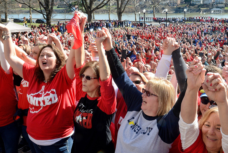 Striking teachers at West Virginia Capitol in Charleston, Feb. 26, 2018, as one of most significant labor battles in U.S. in decades exploded. Teachers and other school workers went on strike statewide, winning support from students, parents, churches and other unions. Strikes and protests spread to Oklahoma, Kentucky, Arizona, Colorado, and North Carolina. “What happened there is a living refutation of the portrait of working-class bigotry and ‘backwardness’ painted by middle class liberals and much of the radical left,” says Socialist Workers Party leader Mary-Alice Waters.