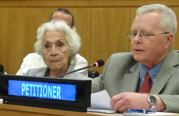 Right, John Studer, Socialist Workers Party, addresses U.N. decolonization committee June 18 in support of fight to end U.S. colonial rule. Left, Myrna Pagán from Vieques Lives Matter.
