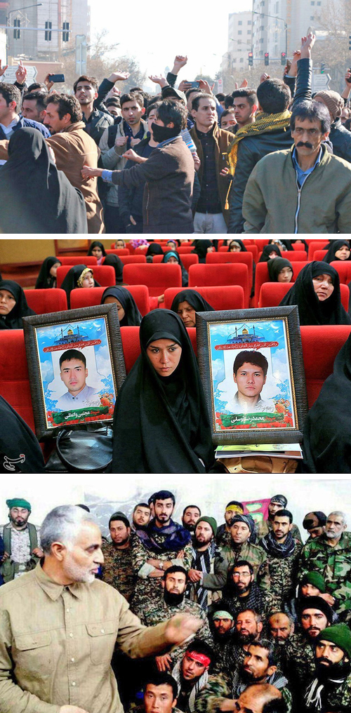 Protests in December and January were centered in urban workers’ quarters, small cities and rural towns across Iran, where the bitter toll hit hardest from mounting deaths and disfigurement during regime’s murderous and destructive wars in Syria, Iraq and Yemen. Top, protest in Mashhad, where actions began. Center, Afghan refugee in Iran holds photos of relatives who died in wars. Tehran offers citizenship to families of refugees who “volunteer.” Bottom, Qasem Soleimani, commander of Iran’s Revolutionary Guard Quds Force, addresses militia in Aleppo, Syria, in 2016. No section of the Iranian bourgeoisie has any intention of pulling back from regional wars to defend and preserve their counterrevolutionary regime at home.