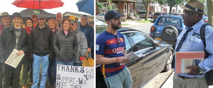 Clockwise from top left, Harry D'Agostino (holding paper), SWP candidate for N.Y. lieutenant governor, with West Virginia teachers celebrating strike victory March 6; SWP U.S. Senate candidate in Pennsylvania Osborne Hart, right, talking with worker in Queens, New York, last year; Alyson Kennedy, candidate for U.S. Senate in Texas, campaigns door to door in Brooklyn, New York, during 2016 presidential contest.