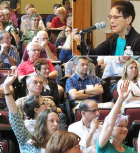 Inset, SWP leader Mary-Alice Waters at question and answer session, above, on her conference talk, “Private Property and Women’s Oppression: The Working-Class Road to Emancipation.” Hands in air during lively discussion at the session, including an exchange on Waters’ explanation that the #MeToo exposés by prominent Hollywood performers are not a step forward in fight for women’s emancipation.