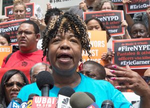 Cops who killed my son “should have been indicted, convicted, be in jail,” Gwen Carr, speaking above at July 17 New York press conference, told Militant. Her son Eric Garner was killed four years ago by cop Daniel Pantaleo. NYPD said July 16 it will start disciplinary proceedings against him and his supervisor.