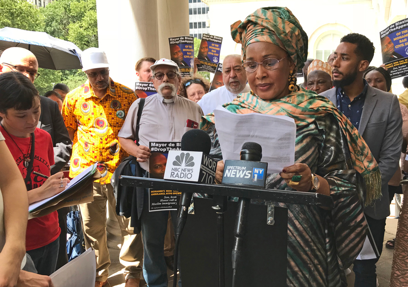 Hawa Bah speaks at Aug. 1 news conference demanding Mayor Bill de Blasio end appeal of court ruling awarding her family $2.21 million for cops killing her son Mohamed Bah in 2012.