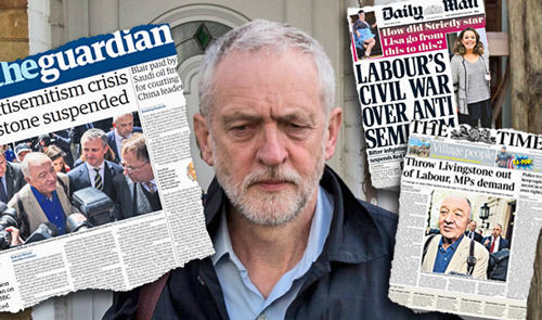 Collage above, with front pages of <i>Guardian, Daily Mail</i> and <i>Times</i>, leading bourgeois papers in the United Kingdom, illustrates growing debate over rampant anti-Semitism in Labour Party and how party leadership, including Jeremy Corbyn, in the middle, has refused to take it on.