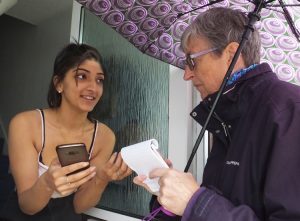 Communist League member Catharina Tirsén, right, speaks with Vanessa Goral on her doorstep in Newbury Park in east London Sept. 22. In discussing fight against Jew-hatred, Goral said, “I come from a Polish Roma family. Scapegoating of Roma people can be very strong.”