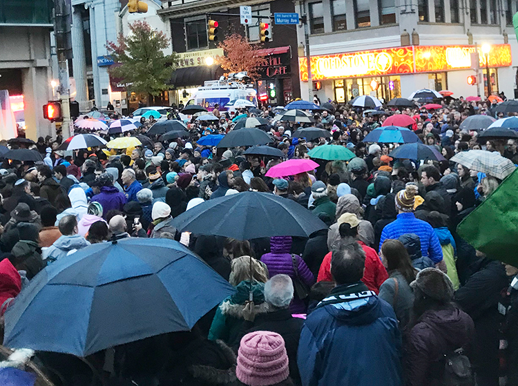 Overflow crowd at Pittsburgh vigil called by students at Taylor Allderdice High School Oct. 27.