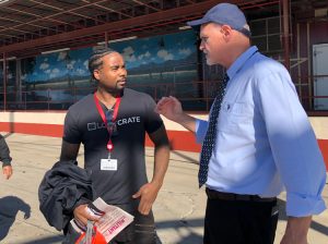 Dennis Richter, Socialist Workers Party candidate for US Senate in California during 2018 election, talks with worker at Farmer Johns meatpacking plant in Vernon, Oct. 31.