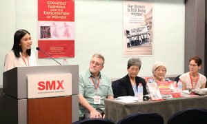Sept. 15 meeting at Manila International Book Fair. From left, Shaira Mae Embate, active in defense of women’s rights and Cuban Revolution; chair Ron Poulsen; Teresita Ang See, founder of Chinese Heritage Center; Ana Maria Nemenzo, Philippines-Cuba Cultural and Friendship Association; and Mary-Alice Waters, leader of Socialist Workers Party and president of Pathfinder Press.