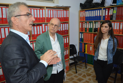 Islamic State subjected residents of Mosul, Iraq’s second largest city, to reign of terror when they seized the city in June 2014 until they were driven out in June 2017. Homes in Christian neighborhoods, like the two at top, were destroyed. Above from left, Faris Jejjo, chairman of Shlomo Organization for Documentation; Steve Clark, Pathfinder Press; and Ranin Taher, Shlomo’s vice president at Shlomo’s offices in Ankawa, Kurdistan Region of Iraq, Oct. 21. Shlomo documents Islamic State crimes against Christian populations in Iraq.