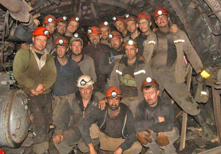 Coal miners sitting in underground at Kapustina mine since Oct. 19 in eastern Ukraine. They are demanding long-unpaid back wages, a big issue for miners across the country.