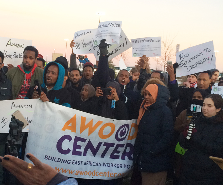 Amazon workers and supporters protest outside Shakopee, Minnesota, warehouse Dec. 14.