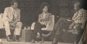 Top, Nan Bailey, SWP’s 1974 candidate for Washington, D.C., mayor, debates Marion Barry, left, who later became city’s first Black mayor. Left, September 1988 rally to drop frame-up rape charges against Mark Curtis, seated at left. Jack Barnes at podium. Bailey, second from right, joined defense of Curtis that won worldwide support.