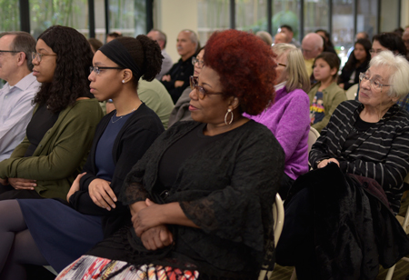 Above and below, comrades, friends, co-workers, and relatives of Bailey spanning generations attended celebration, looked at displays and enjoyed buffet.