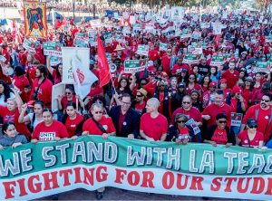 Thousands of teachers and supporters rallied in Los Angeles Dec. 15 in preparation for strike for new contract. Contract expired in June 2017. Union is pressing for smaller class size, a 6.5 percent pay raise, and hiring of more school nurses, counselors and librarians.