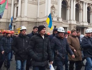 Coal miners and supporters protest in Lviv, Ukraine, Feb. 6, demanding back pay. Some 4,000 of 12,000 miners in state-owned Lviv regional mines belong to independent miners union.