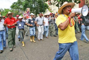 March in 2005 in Caracas, Venezuela, to protest killings of peasant leaders and demand land and credit. Land law proclaimed by Hugo Chávez left big landowners largely untouched.