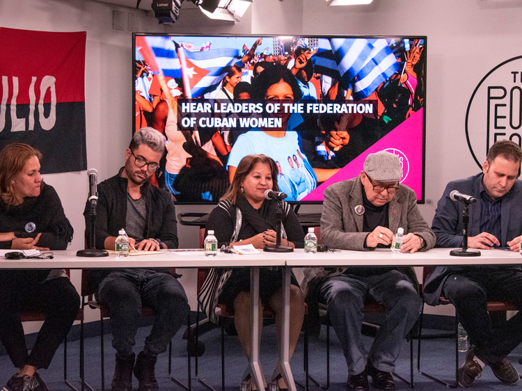 Members of Cuban delegation attending U.N. Women’s Month activities speak at March 16 New York meeting. From left, Yenisey González, president of National Union of Cuban Jurists in Granma province; Manuel Vázquez, deputy director of Cenesex, the National Center for Sexual Education; Teresa Amarelle, general secretary of Federation of Cuban Women; Miguel Barnet, president of the Union of Writers and Artists; and Luis Morlote, UNEAC vice president.