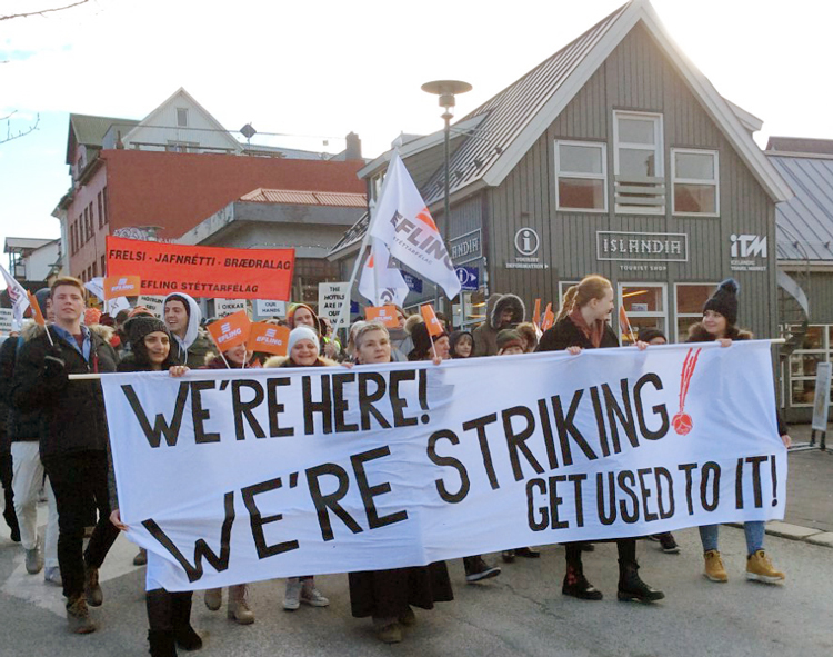 March 8 International Women’s Day protest by hotel workers in Reykjavik, Iceland, as part of a one-day strike demanding higher pay, affordable housing and a shorter workweek.