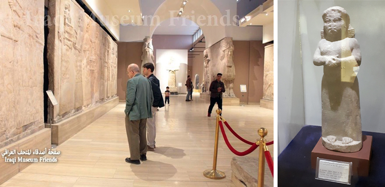 Left, Pathfinder editorial director Steve Clark, left, and Ögmundur Jónsson in Assyrian gallery of Iraq National Museum. Photo posted online by Iraqi Museum Friends, Feb. 18. Right, The only statue of a woman in the Neo-Assyrian galleries (911-612 B.C.), which has massive statues and carvings of kings and their male servants. Rise of class-divided society degraded the status of women, images of whom were frequent millennia earlier.