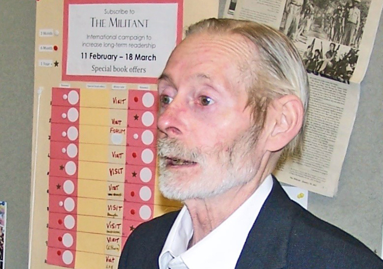 Jim Spaul speaking at London meeting, 2012. Spaul, who died March 6, shouldered a range of leadership responsibilities over three decades to strengthen and build the Communist League.