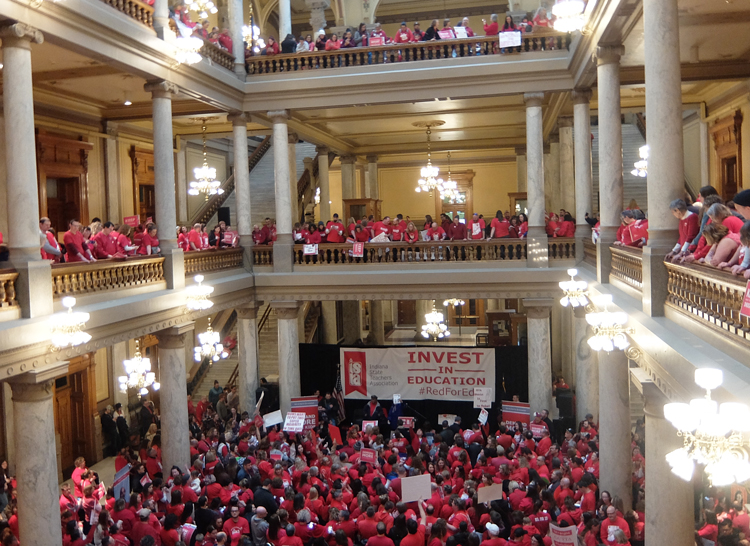 Over 1,000 teachers rally in Indiana Statehouse March 9. “They ask us to stay after school and do extra work but with no extra pay,” elementary school teacher Sandra Butts told the Militant.