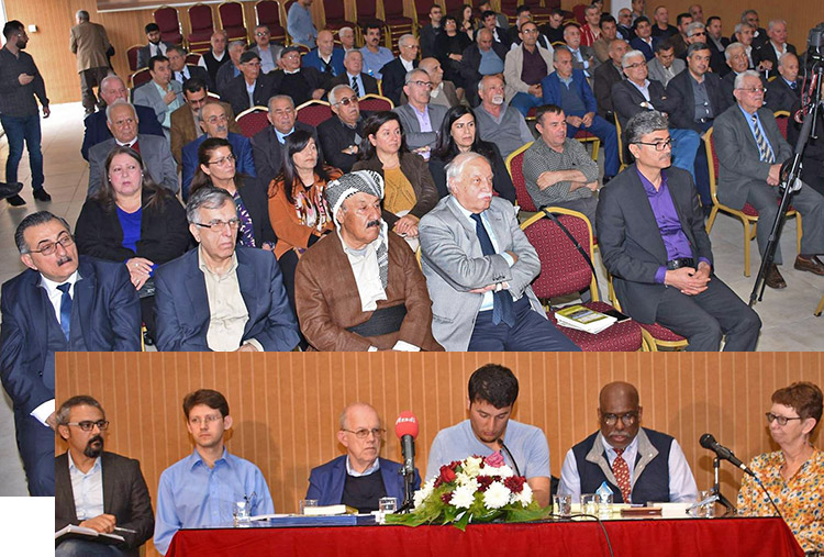 Below, panel at meeting in Ainkawa, Kurdistan Region of Iraq, sponsored by Kurdistan Communist Party. From left, chair Hiwa Omar, Kurdistan Communist Party Political Bureau; Ögmundur Jónsson, Communist League in the United Kingdom; Steve Clark, Socialist Workers Party in the United States; translator Jihad Kamal (Rosty); Osborne Hart and Alyson Kennedy, 2016 Socialist Workers Party candidates for vice president and president of U.S. Abpve, some of the more than 100 participants.