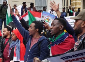 Several thousand protesters in London April 6 demonstrate in solidarity with massive wave of protests across Sudan calling for ouster of regime of President Omar al-Bashir.