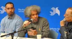 From left, Ismael Nazario, who was thrown in solitary as a teenager at Rikers Island prison; Albert Woodfox; and David Rothenberg, founder of the Fortune Society, speaking March 28.