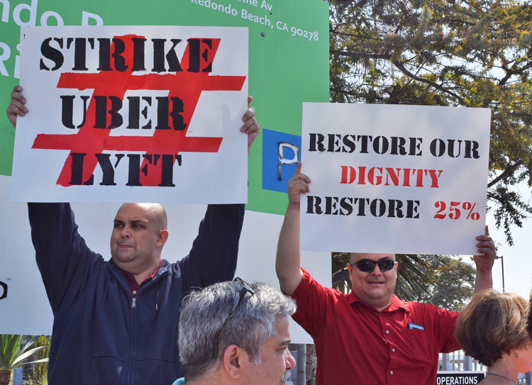 March 25 protest outside Uber headquarters in Redondo Beach during 25-hour drivers’ strike against bosses’ 25 percent pay cut. Actions also took place in San Francisco, San Diego.