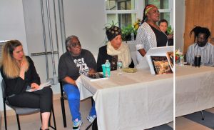 Panel at May 4 public meeting against police brutality in Albany, New York, co-sponsored by Militant Labor Forum and Stolen Lives Project. From left, Samantha Hamlin, Juanita Young, Hawa Bah, Beverly Hoggs (speaking), Jacob Perassso (chair) and Messiah James Cooper.