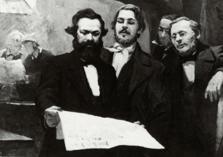 Painting shows Karl Marx, left, and Frederick Engels, center, reviewing Neue Rheinische Zeitung, the newspaper they edited during 1848 revolution in Germany, after it was printed.