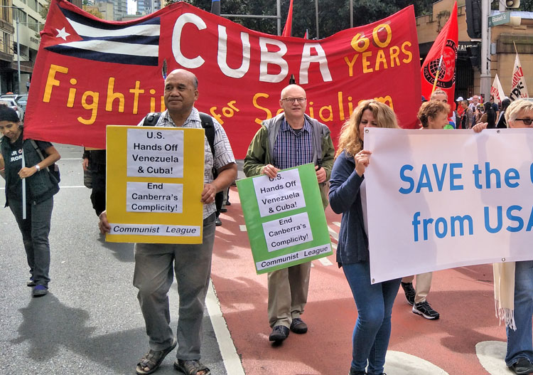 Despite defeat of U.S.-backed coup attempt, Washington continues to threaten Venezuela, and also Cuba. In Sydney, Australia, opponents of U.S. intervention join May 5 march.