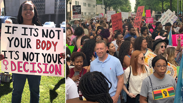 Top Right, 2,000 marched in Birmingham May 19 after Alabama legislature passed strictest anti-abortion bill in the country, and thousands more protested across the state. Nationwide actions were held May 21: top left, Phoenix; Below, Pasadena, California.