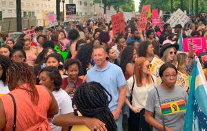 Some 2,000 pro-choice demonstrators in Birmingham, Alabama, May 19 protest passage of strictest anti-abortion bill in the country by Alabama legislature five days earlier.