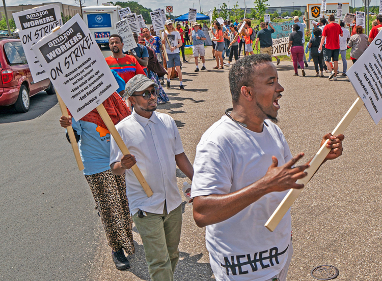 Workers picket on “Prime Day” outside Shakopee, Minnesota, Amazon warehouse July 15.