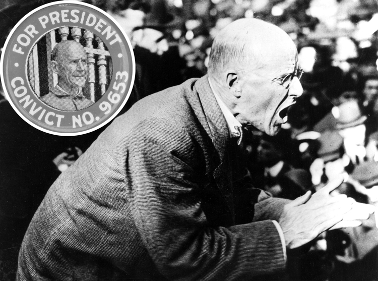 Eugene V. Debs speaks in Canton, Ohio, against imperialist war, June 1918, for which he was sentenced to prison. Inset, campaign button for Debs 1920 Socialist Party campaign for president from prison. He got almost a million votes, highest socialist vote in U.S. history.