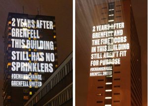 Projections beamed onto Frinstead House in west London, left, and Cruddas Park House in Newcastle, two years after Grenfell Tower inferno killed 72 people. Thousands joined protests on second anniversary of disaster against government indifference to dangers workers face.